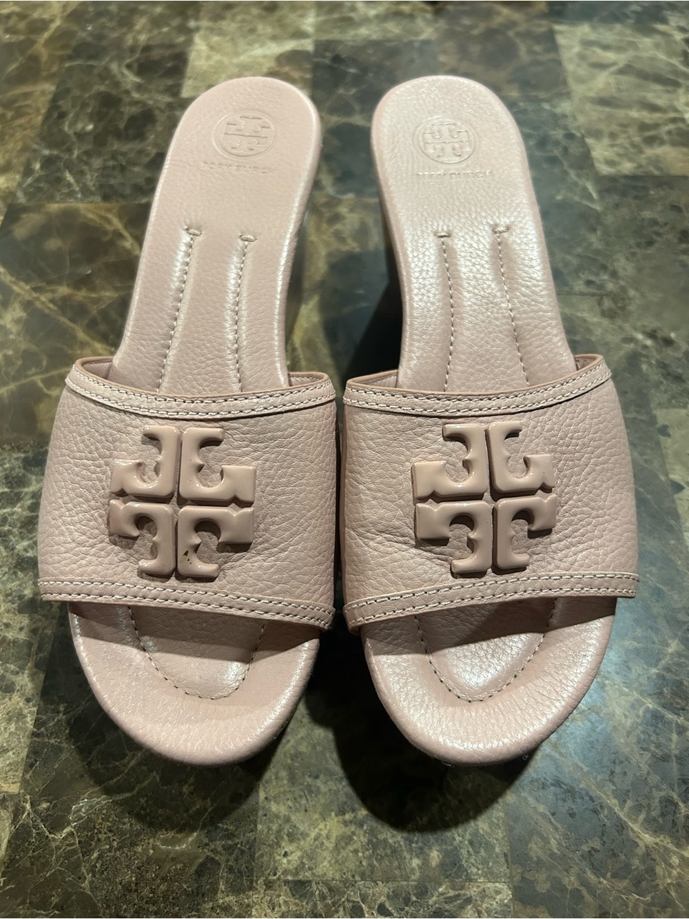 Designer Tory Burch Blush Leather Logo Slide Sandals